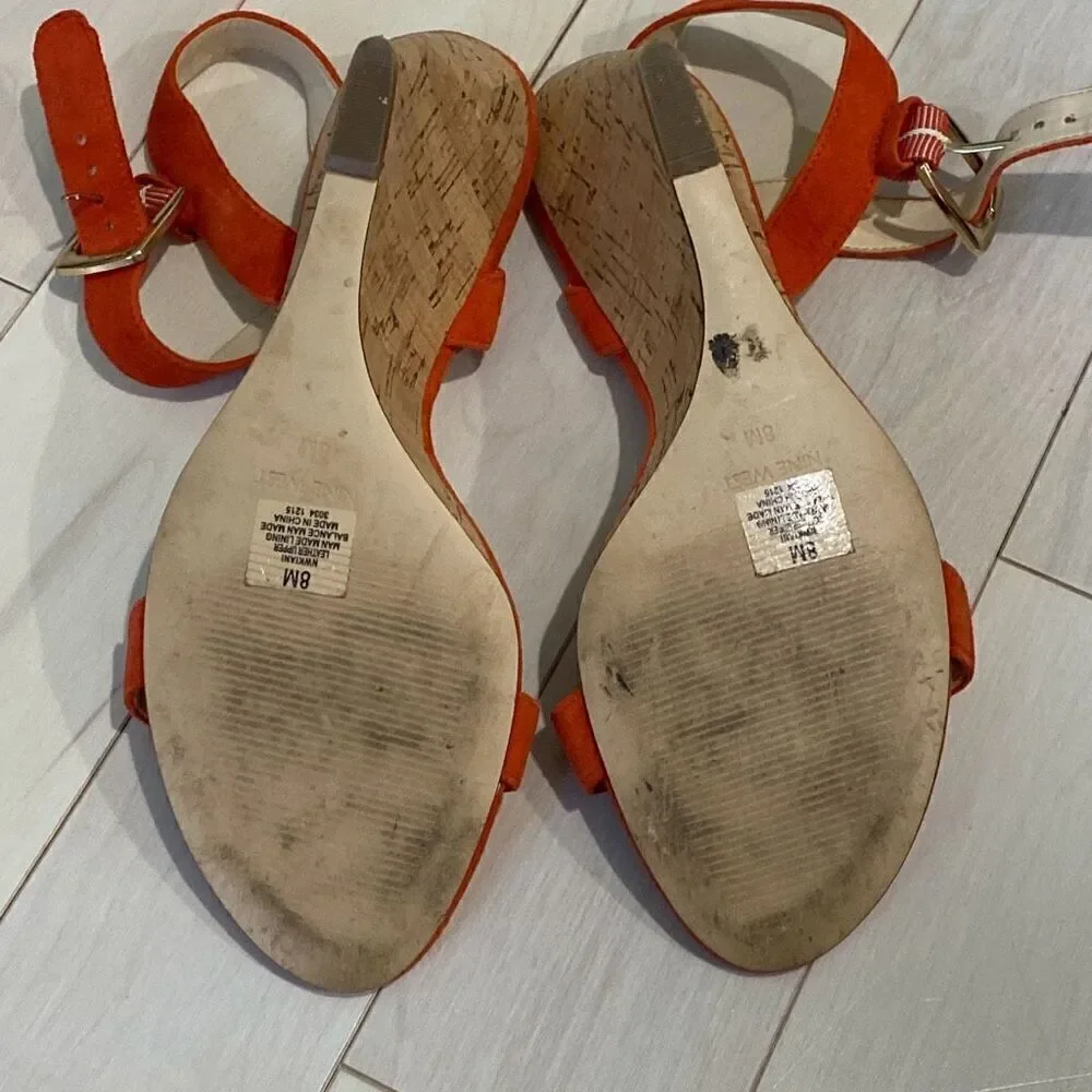 Nine West Women's Kiani Leather Wedge Sandals Wood Orange Size 8M